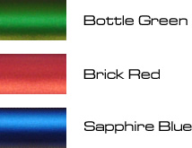 bottle green, brick red, saphire blue